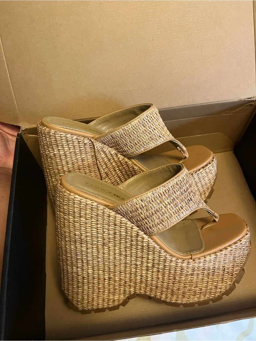 Woven Straw Platform Wedge Sandals - Tan